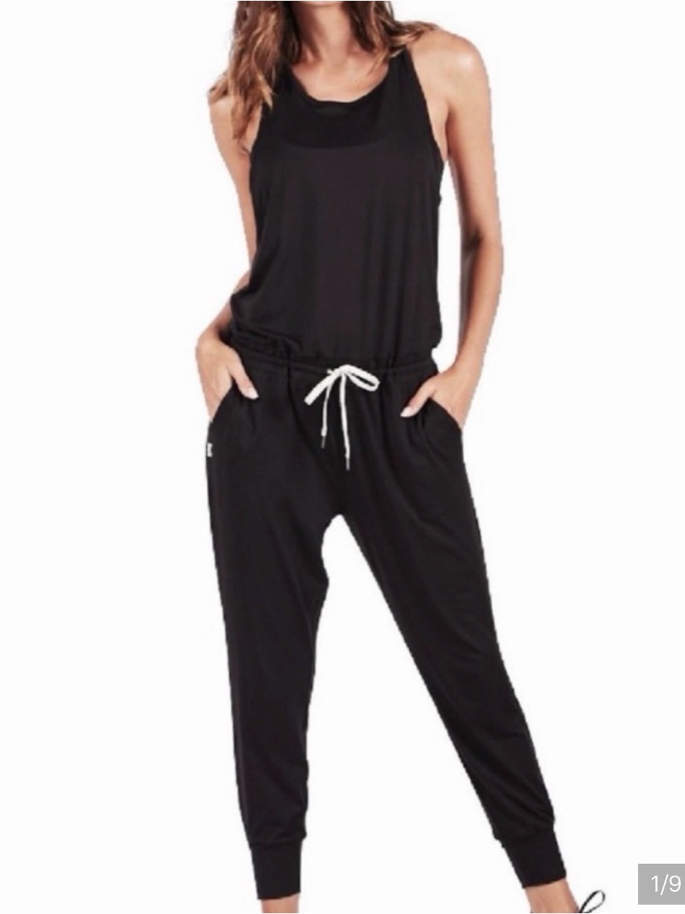 Vuori Luna Jumpsuit Black Size Small Soft Stretchy Pull On Drawstring Pockets
